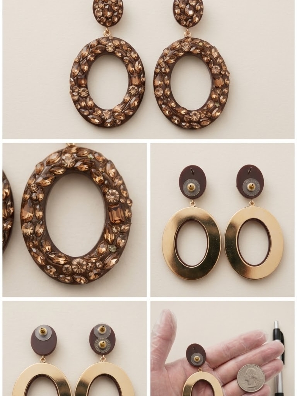 Gold and Brown Oval Drop Earrings with Faceted Accent